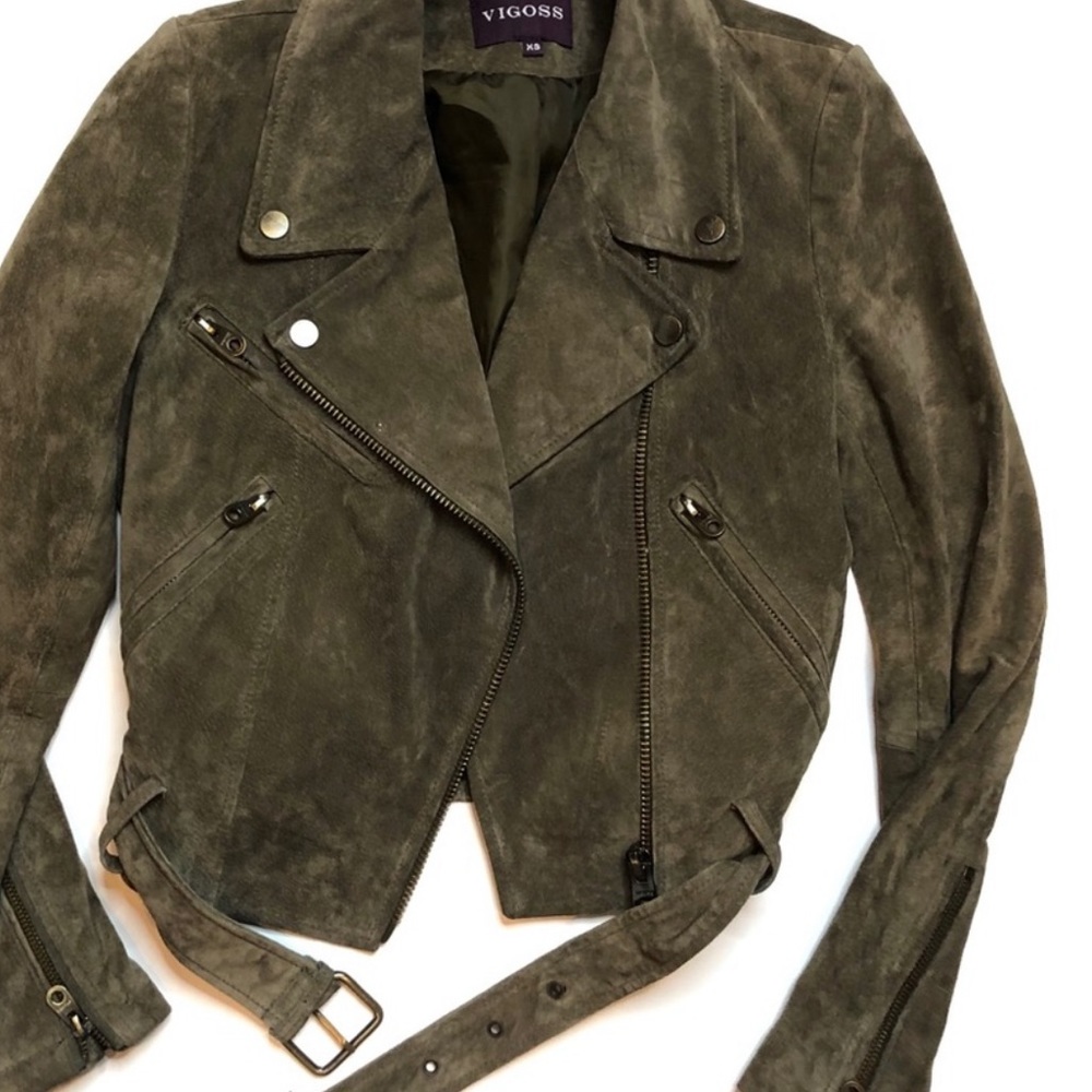 Vigoss 100% Leather Suede Belted Full-Zip Moto Jacket - Picture 4 of 6